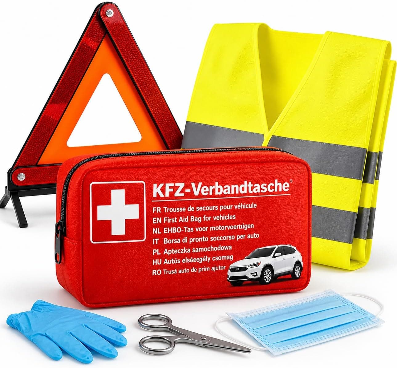 Set de 3 kits de primeros auxilios para coche - kit de primeros auxilios, chaleco de seguridad, triángulo de advertencia