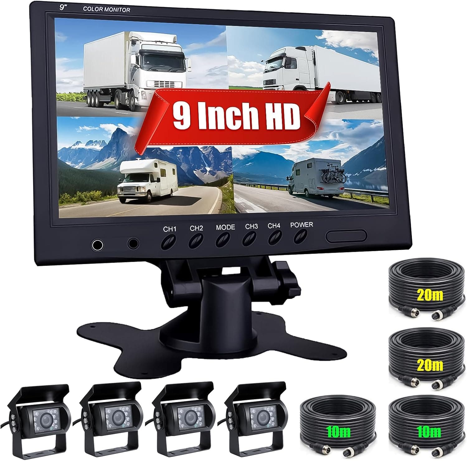 CAMECHO Cámara de Marcha Atrás con Pantalla de 7 Pulgadas 4 Split Monitor+ 2 Vision Nocturna Impermeable Cámara Trasera+
