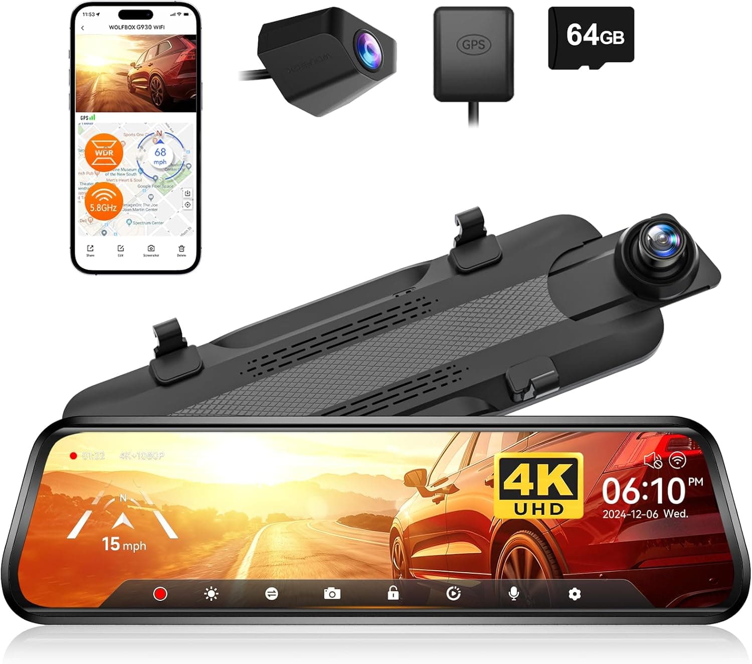 WOLFBOX G840S Cámara de Coche 2160P Full HD 12'', 5.8GHz WiFi, 4K Dashcam con Pantalla táctil Doble Lente, G-Sen