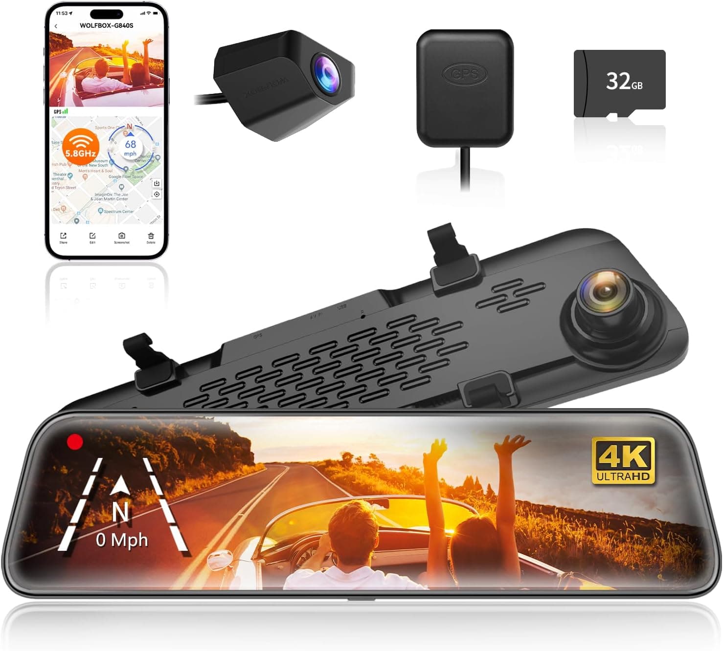 WOLFBOX G900 Pro 12" Espejo Retrovisor Dash CAM con 8MP STARVIS 2 IMX678, 5.8GHz WiFi, 4K +2.5K Cámara Retrovisor Co